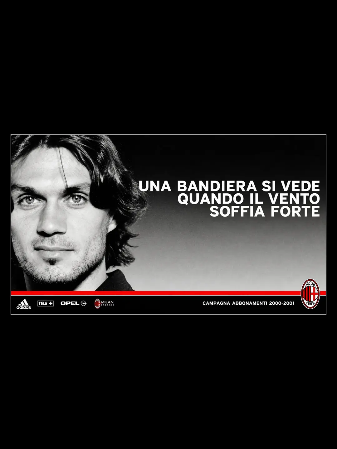 Black-and-white portrait with the headline “Una bandiera si vede quando il vento soffia forte”.