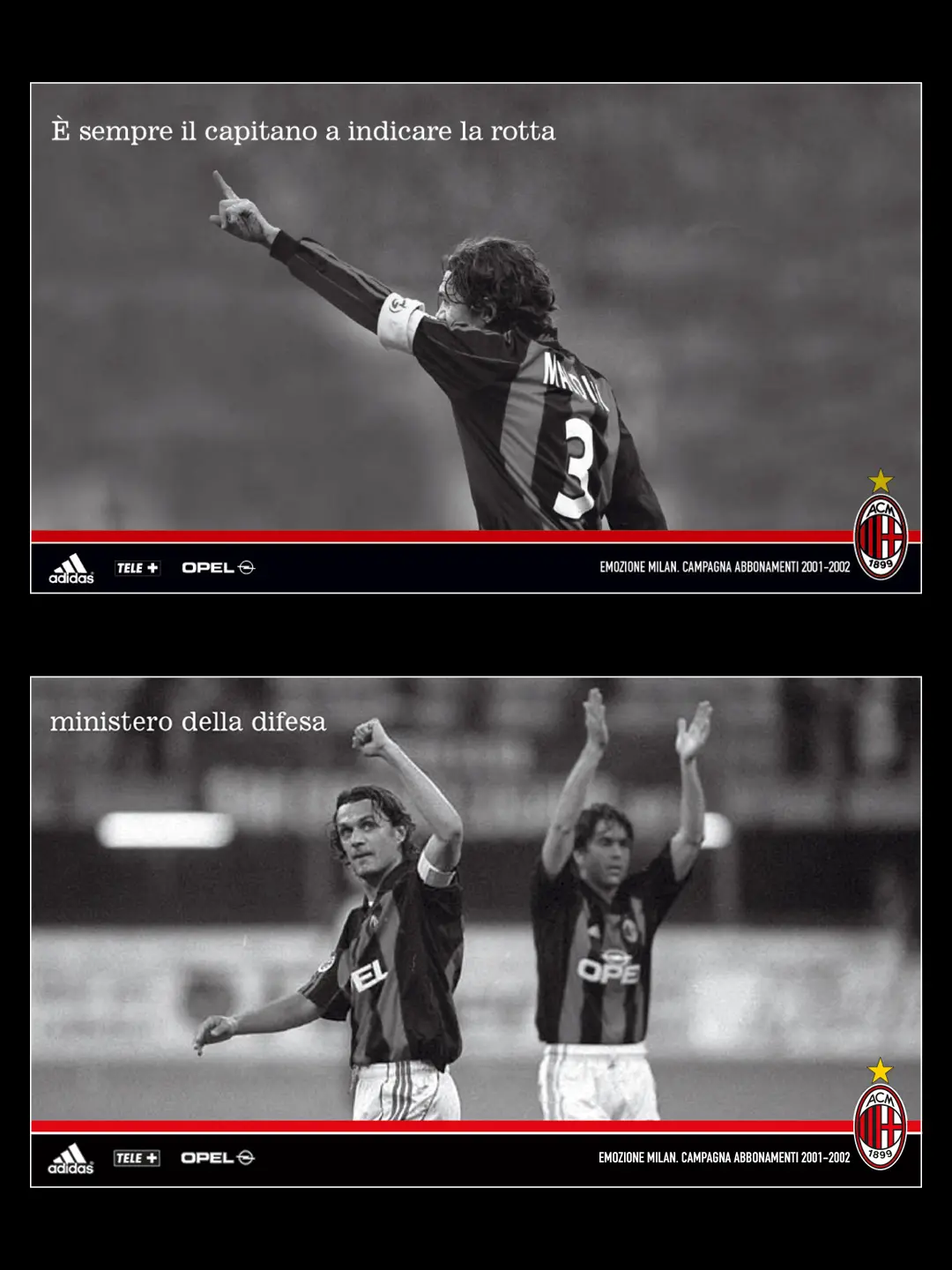Two A.C. Milan campaign layouts: “È sempre il capitano a indicare la rotta” and “ministero della difesa”.